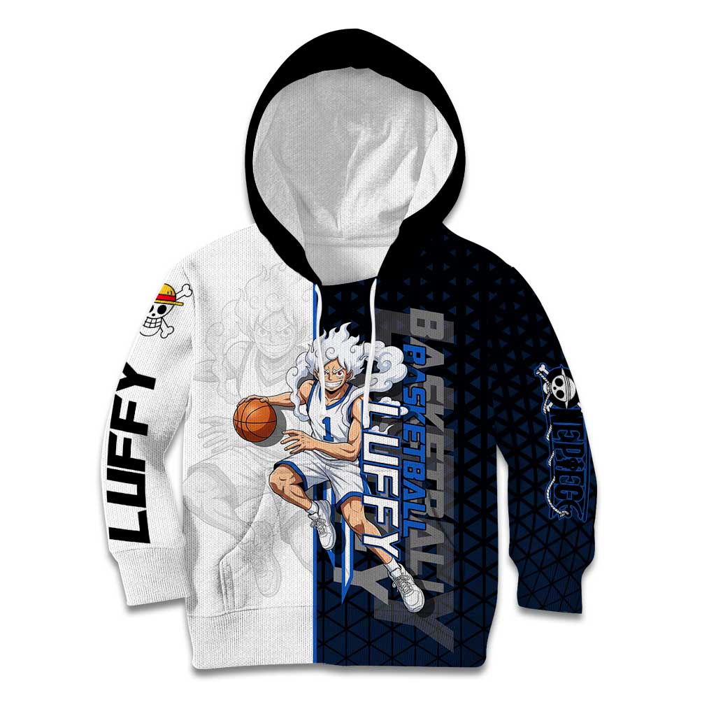 Luffy Gear 5 One Piece Basketball Theme White and Black Design Kid Hoodie with Straw Hat Emblem and Dynamic Action Pose - The Mazicc