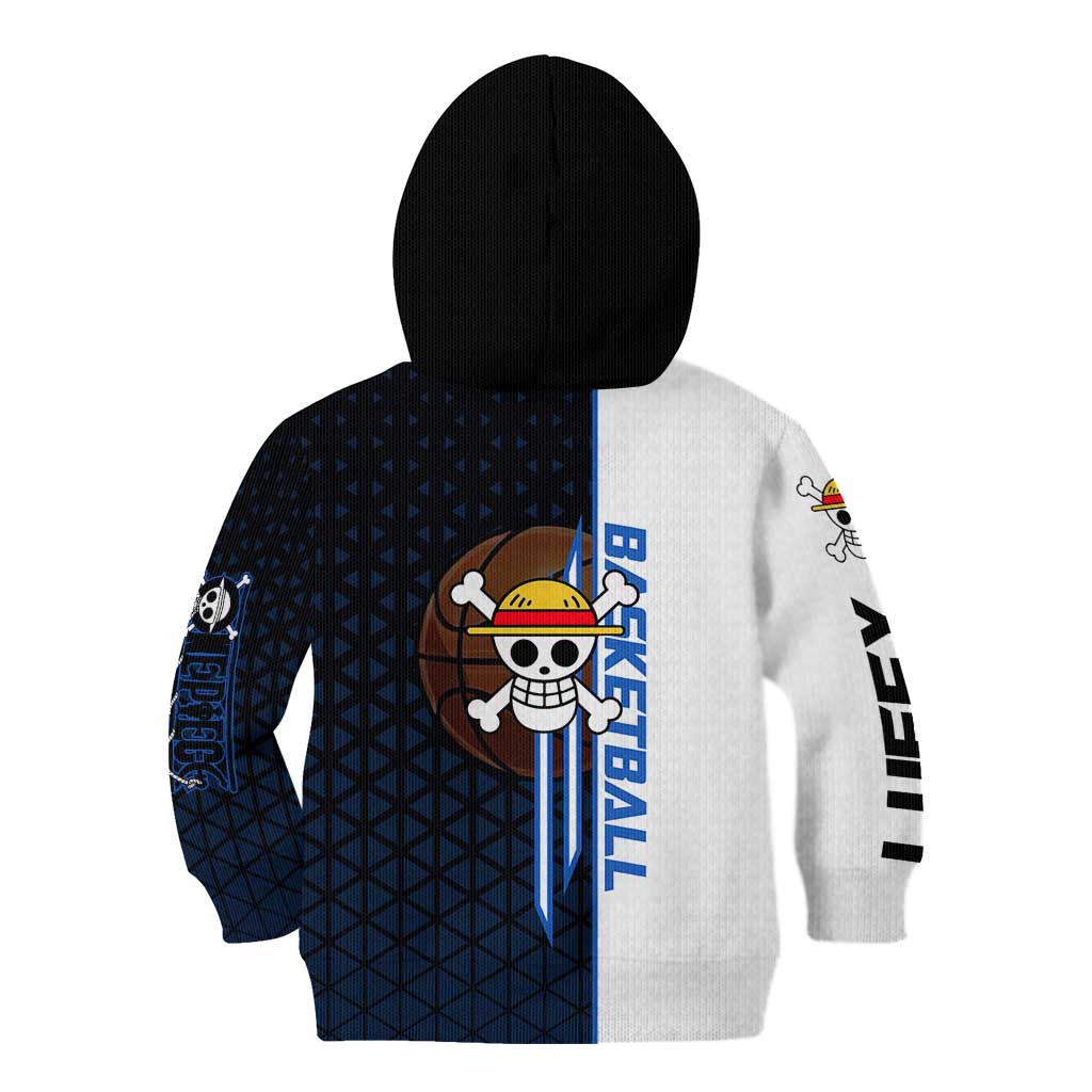Luffy Gear 5 One Piece Basketball Theme White and Black Design Kid Hoodie with Straw Hat Emblem and Dynamic Action Pose - The Mazicc