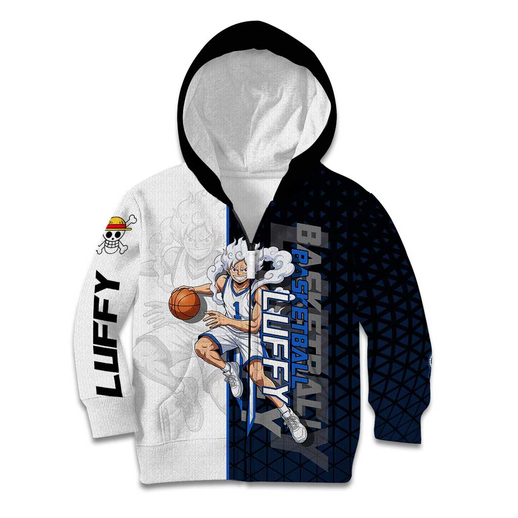 Luffy Gear 5 One Piece Basketball Theme White and Black Design Kid Hoodie with Straw Hat Emblem and Dynamic Action Pose - The Mazicc