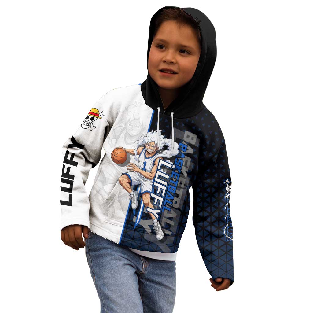 Luffy Gear 5 One Piece Basketball Theme White and Black Design Kid Hoodie with Straw Hat Emblem and Dynamic Action Pose - The Mazicc