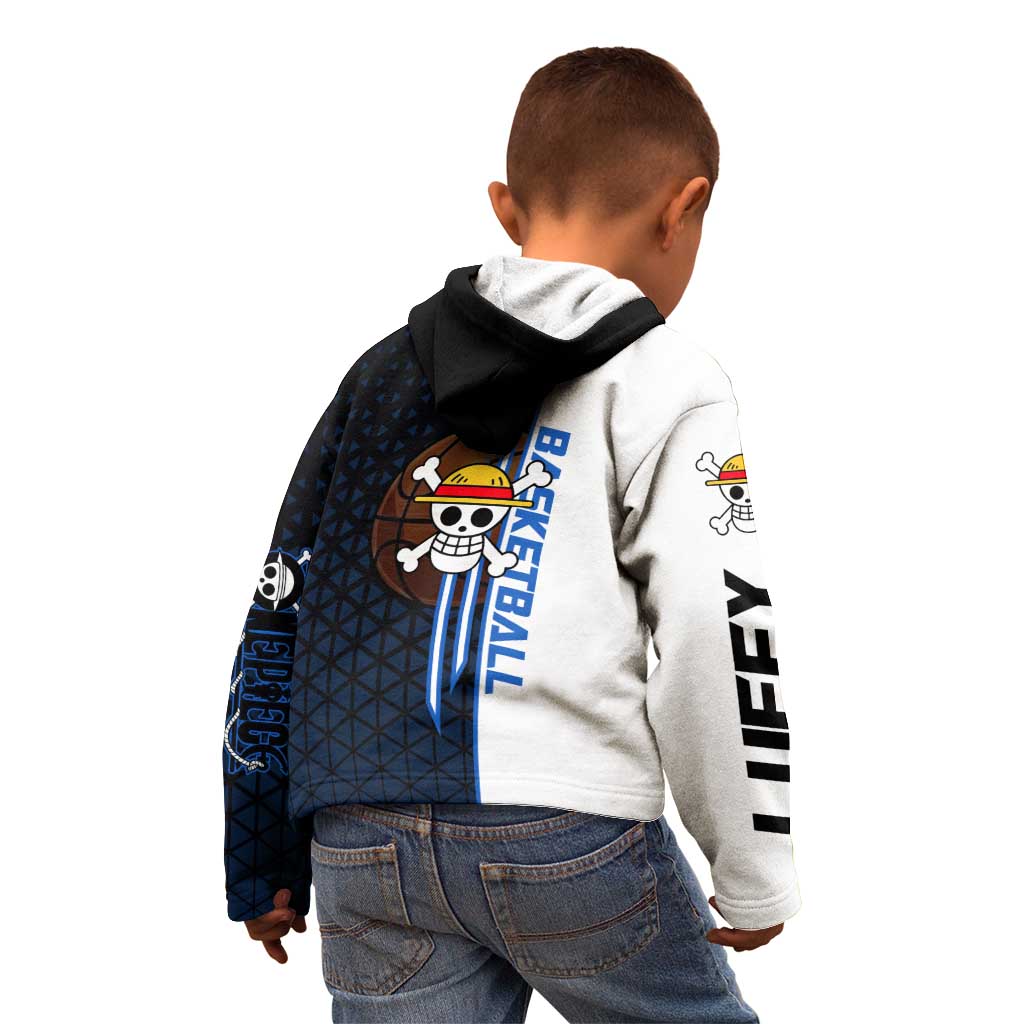 Luffy Gear 5 One Piece Basketball Theme White and Black Design Kid Hoodie with Straw Hat Emblem and Dynamic Action Pose - The Mazicc
