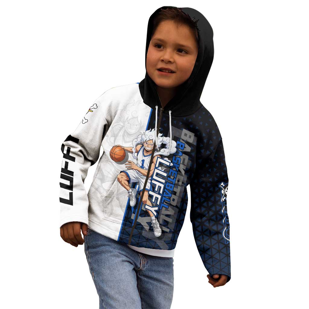 Luffy Gear 5 One Piece Basketball Theme White and Black Design Kid Hoodie with Straw Hat Emblem and Dynamic Action Pose - The Mazicc