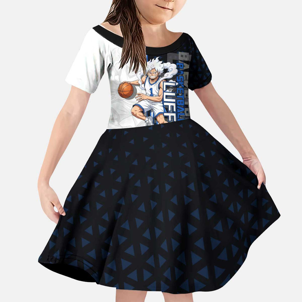 Luffy Gear 5 One Piece Basketball Theme White and Black Design Kid Short Sleeve Dress with Straw Hat Emblem and Dynamic Action Pose - The Mazicc