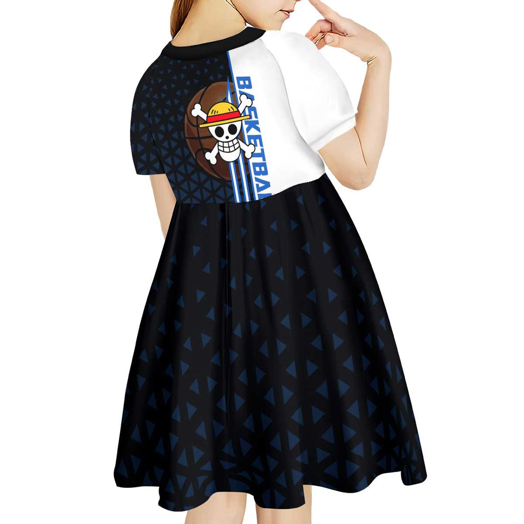 Luffy Gear 5 One Piece Basketball Theme White and Black Design Kid Short Sleeve Dress with Straw Hat Emblem and Dynamic Action Pose - The Mazicc