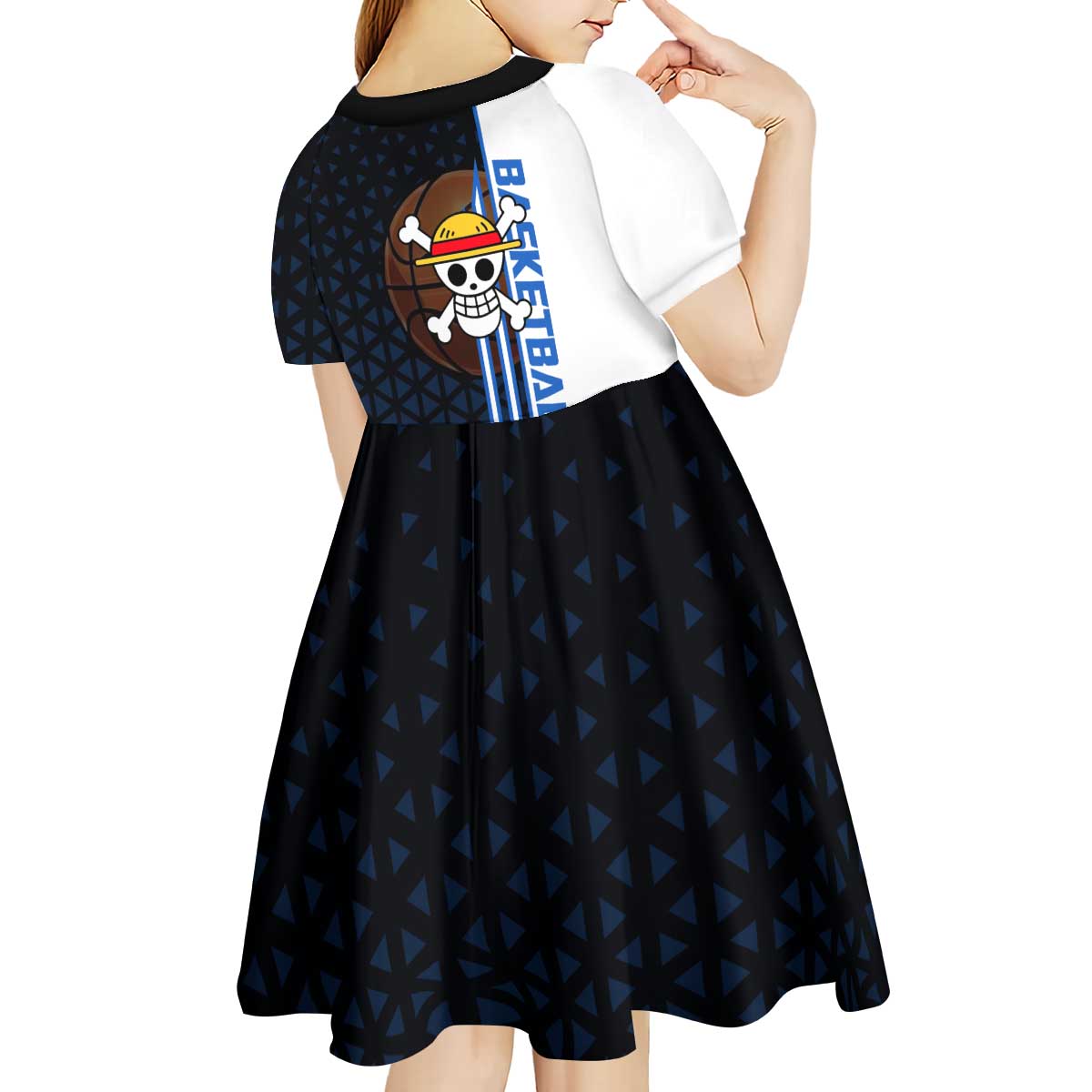 Luffy Gear 5 One Piece Basketball Theme White and Black Design Kid Short Sleeve Dress with Straw Hat Emblem and Dynamic Action Pose - The Mazicc