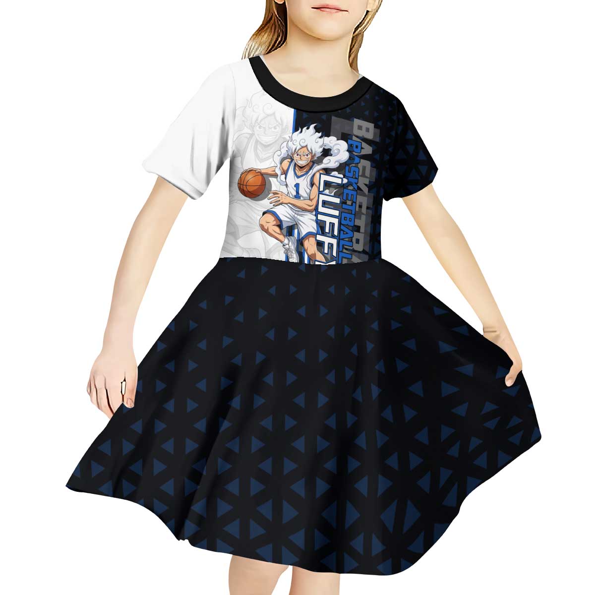 Luffy Gear 5 One Piece Basketball Theme White and Black Design Kid Short Sleeve Dress with Straw Hat Emblem and Dynamic Action Pose - The Mazicc