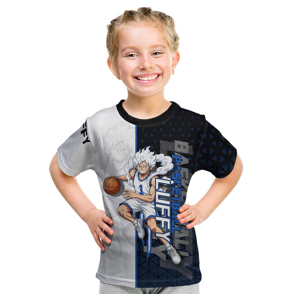 Luffy Gear 5 One Piece Basketball Theme White and Black Design Kid T Shirt with Straw Hat Emblem and Dynamic Action Pose - The Mazicc