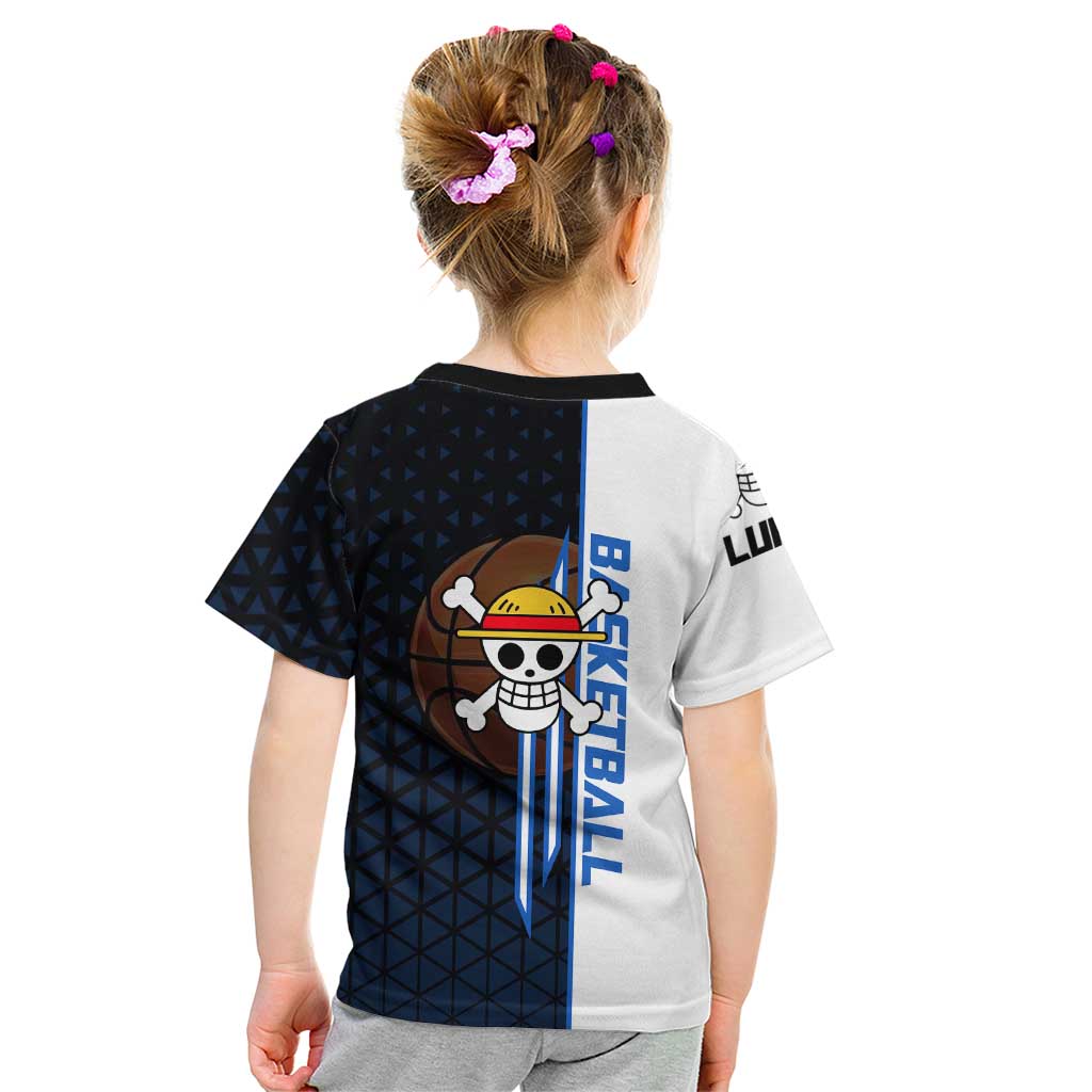 Luffy Gear 5 One Piece Basketball Theme White and Black Design Kid T Shirt with Straw Hat Emblem and Dynamic Action Pose - The Mazicc