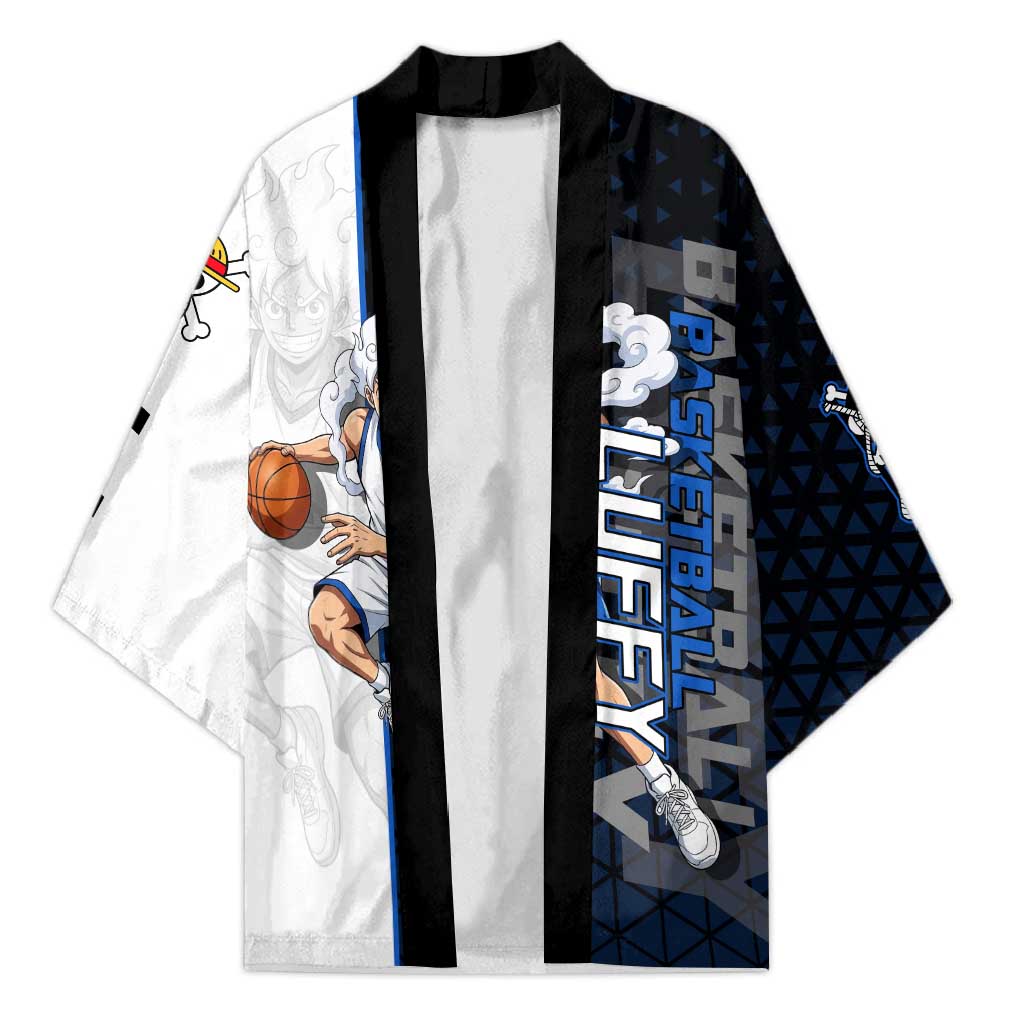 Luffy Gear 5 One Piece Basketball Theme White and Black Design Kimono with Straw Hat Emblem and Dynamic Action Pose - The Mazicc