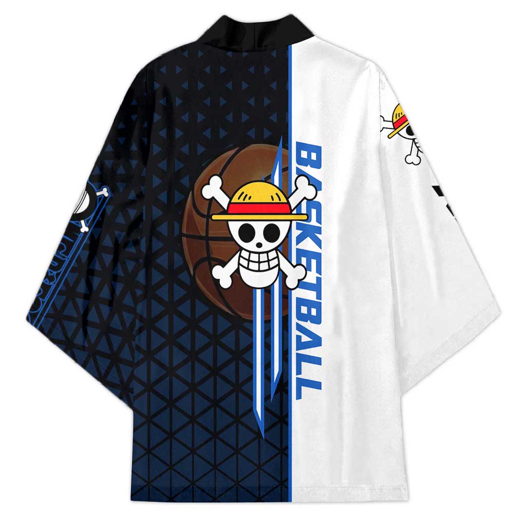 Luffy Gear 5 One Piece Basketball Theme White and Black Design Kimono with Straw Hat Emblem and Dynamic Action Pose - The Mazicc