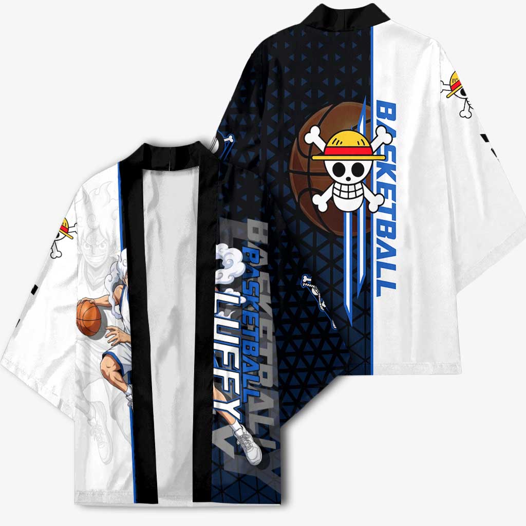 Luffy Gear 5 One Piece Basketball Theme White and Black Design Kimono with Straw Hat Emblem and Dynamic Action Pose - The Mazicc