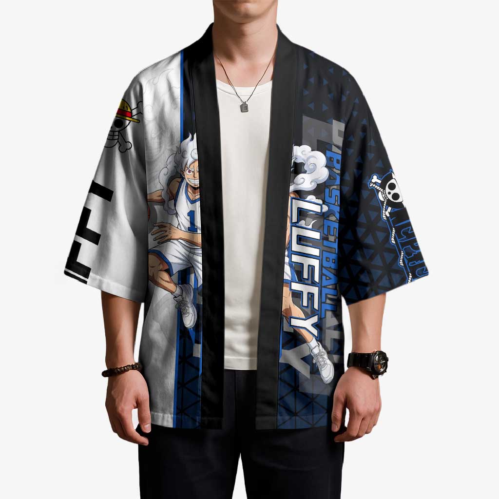 Luffy Gear 5 One Piece Basketball Theme White and Black Design Kimono with Straw Hat Emblem and Dynamic Action Pose - The Mazicc