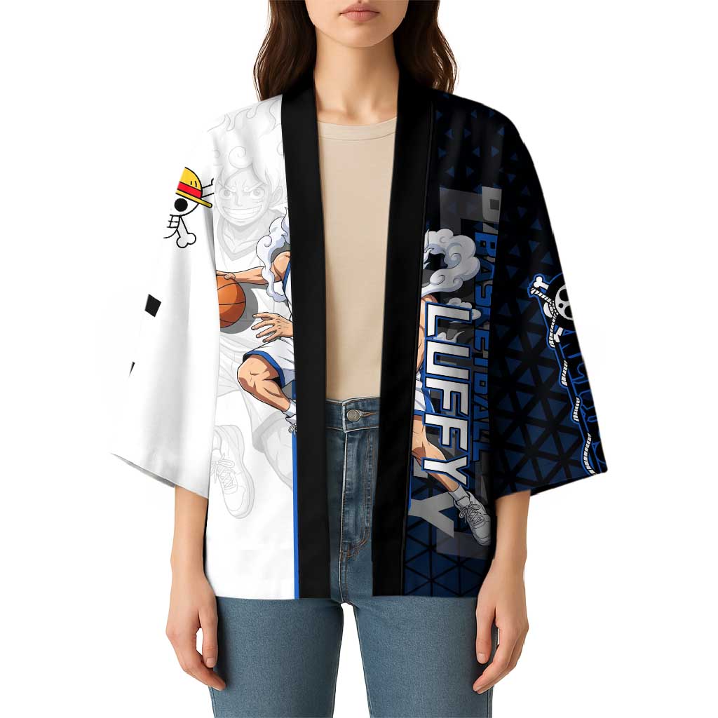 Luffy Gear 5 One Piece Basketball Theme White and Black Design Kimono with Straw Hat Emblem and Dynamic Action Pose - The Mazicc
