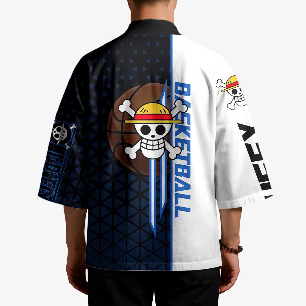 Luffy Gear 5 One Piece Basketball Theme White and Black Design Kimono with Straw Hat Emblem and Dynamic Action Pose - The Mazicc