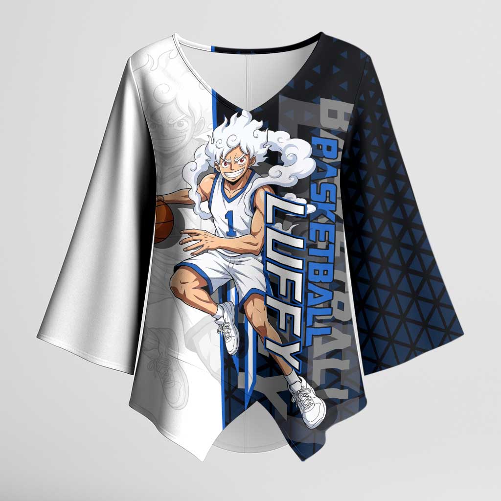 Luffy Gear 5 One Piece Basketball Theme White and Black Design Kimono Sleeve Blouse with Straw Hat Emblem and Dynamic Action Pose - The Mazicc