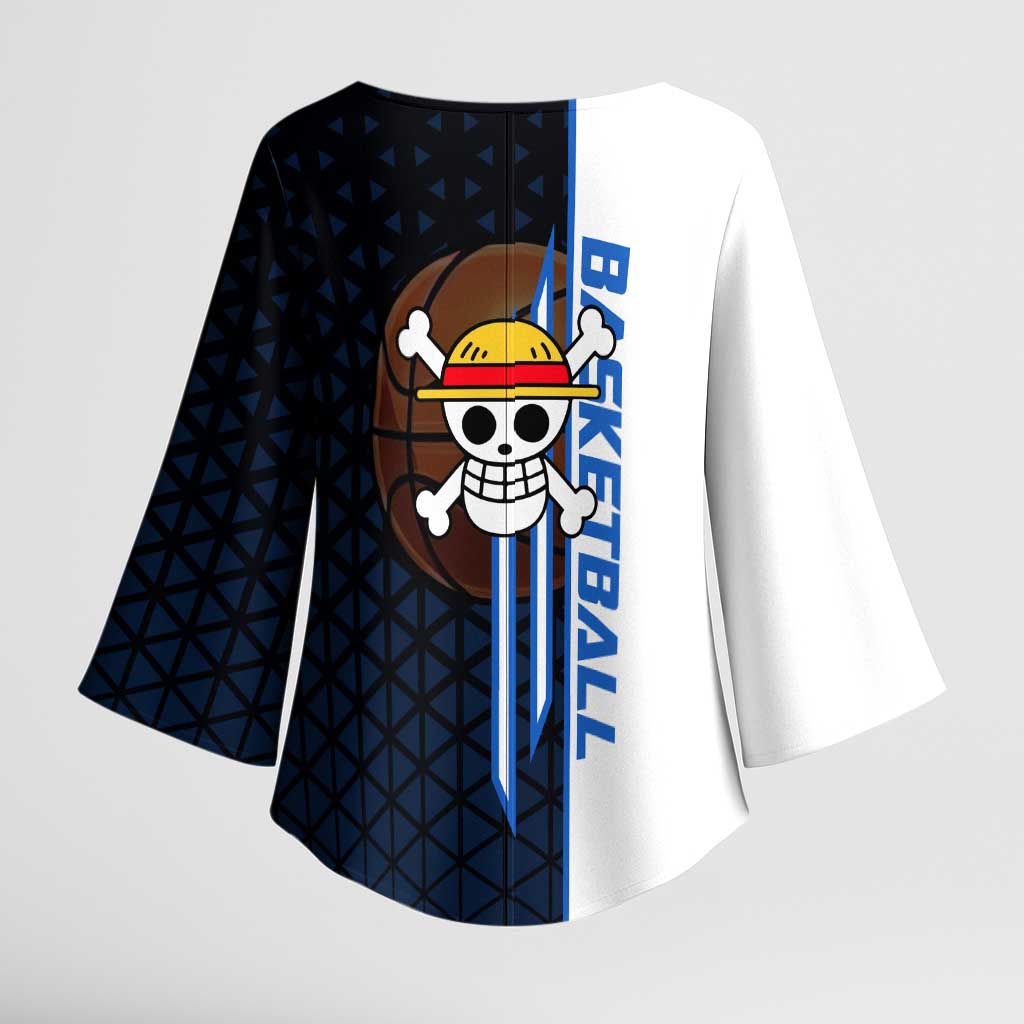 Luffy Gear 5 One Piece Basketball Theme White and Black Design Kimono Sleeve Blouse with Straw Hat Emblem and Dynamic Action Pose - The Mazicc