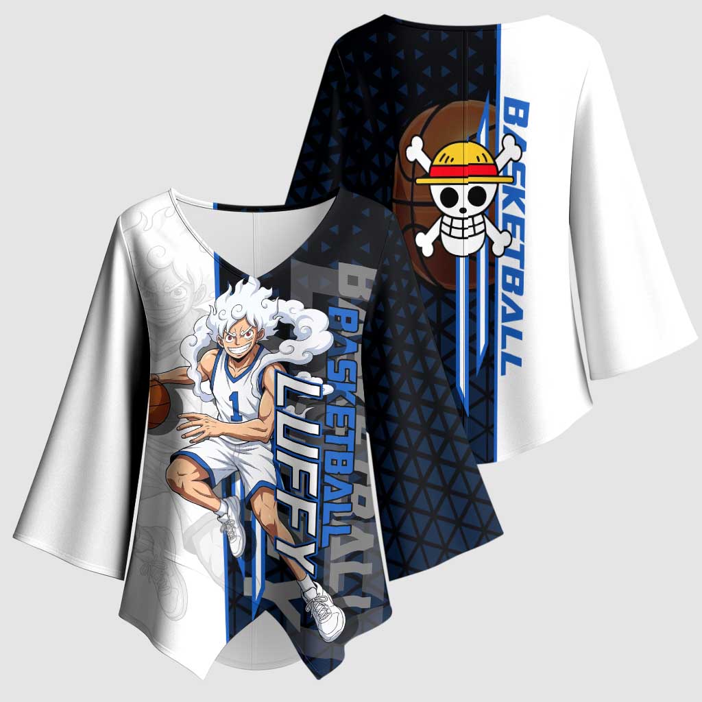 Luffy Gear 5 One Piece Basketball Theme White and Black Design Kimono Sleeve Blouse with Straw Hat Emblem and Dynamic Action Pose - The Mazicc