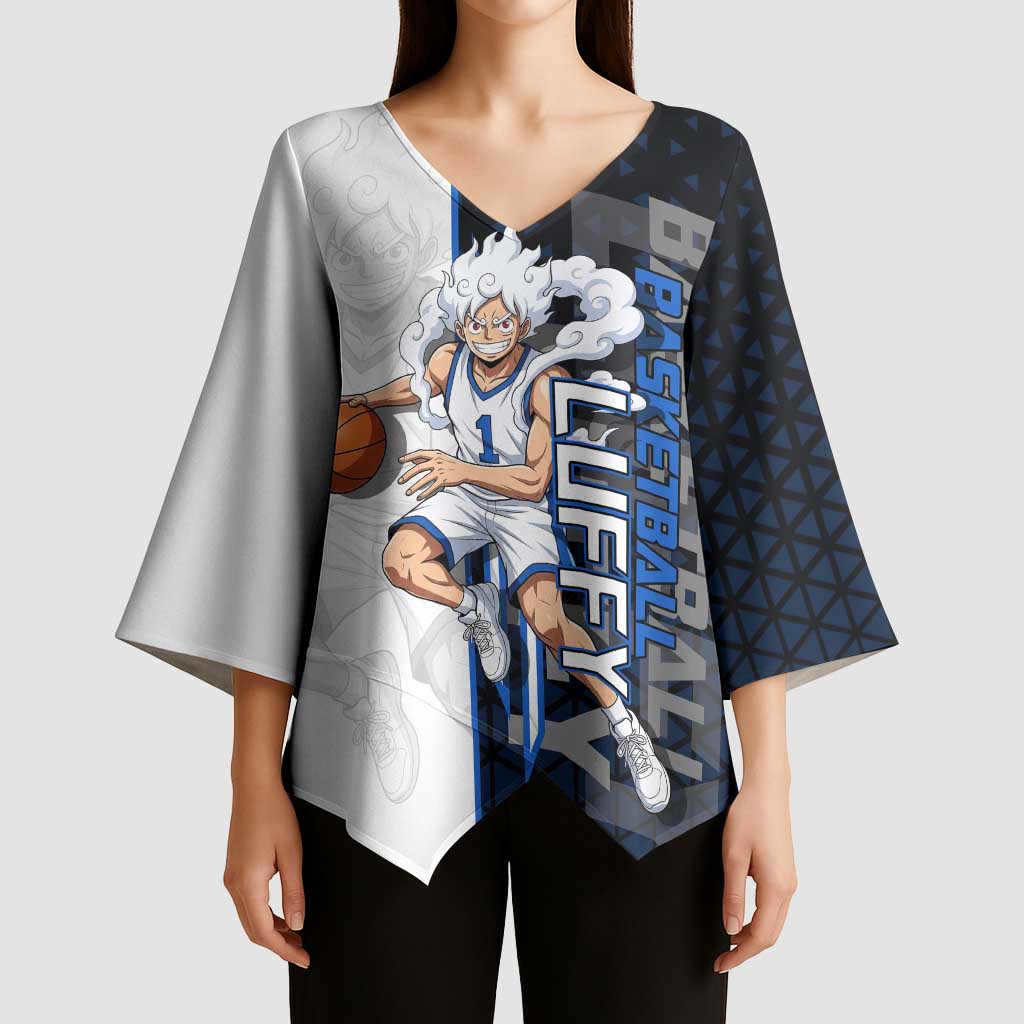 Luffy Gear 5 One Piece Basketball Theme White and Black Design Kimono Sleeve Blouse with Straw Hat Emblem and Dynamic Action Pose - The Mazicc