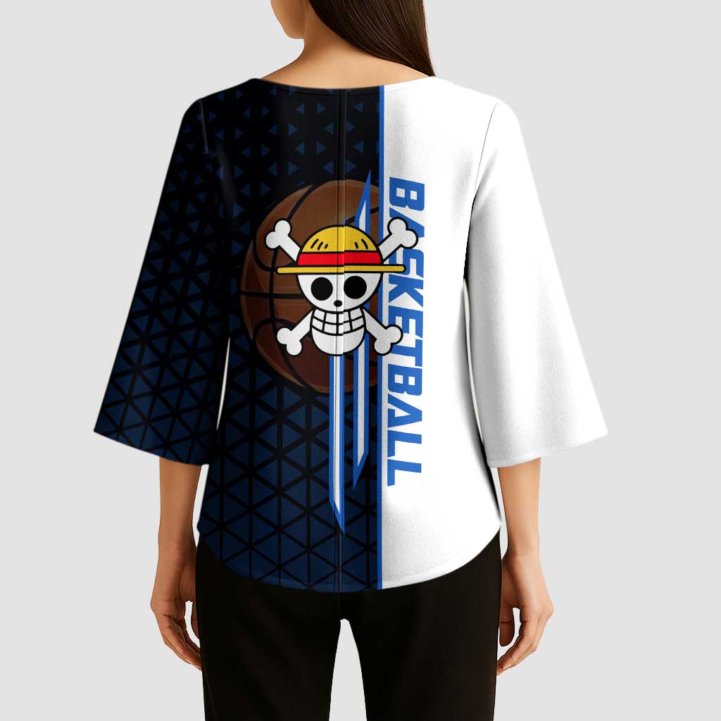 Luffy Gear 5 One Piece Basketball Theme White and Black Design Kimono Sleeve Blouse with Straw Hat Emblem and Dynamic Action Pose - The Mazicc
