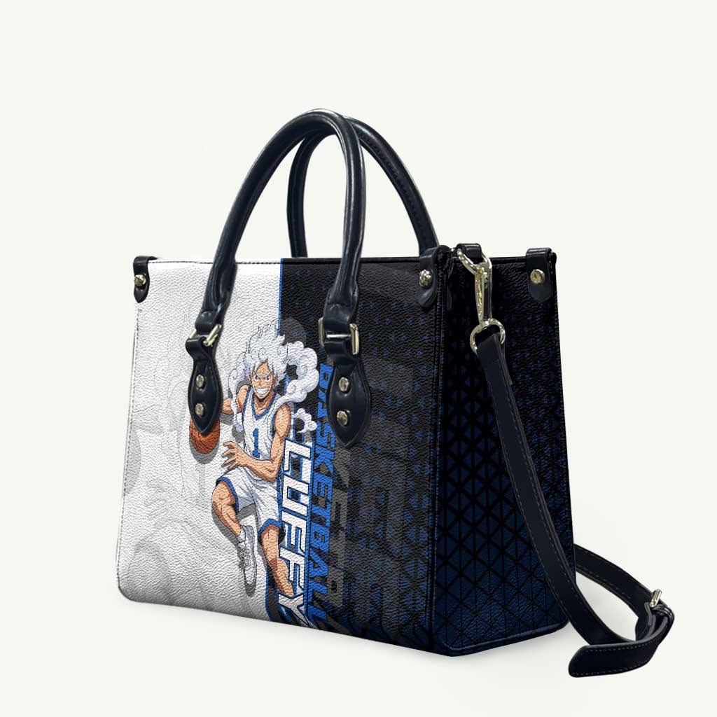 Luffy Gear 5 One Piece Basketball Theme White and Black Design Leather Bag with Straw Hat Emblem and Dynamic Action Pose - The Mazicc