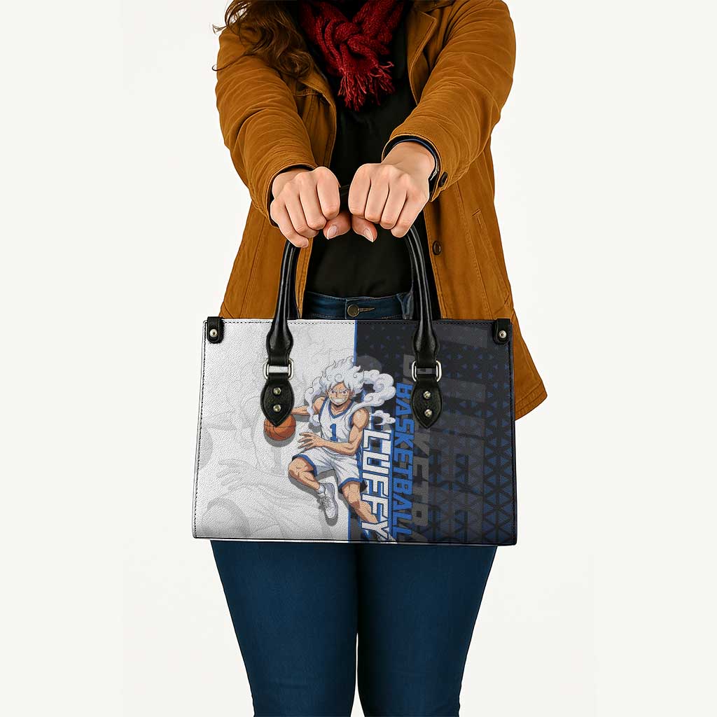 Luffy Gear 5 One Piece Basketball Theme White and Black Design Leather Bag with Straw Hat Emblem and Dynamic Action Pose - The Mazicc