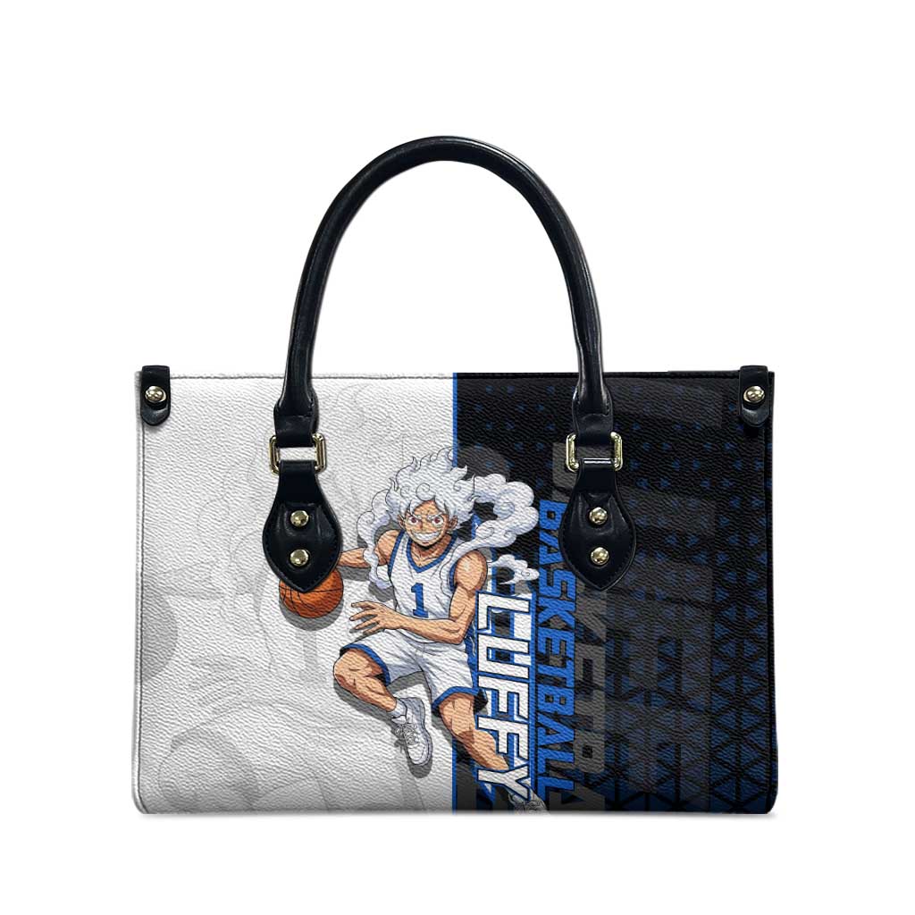 Luffy Gear 5 One Piece Basketball Theme White and Black Design Leather Bag with Straw Hat Emblem and Dynamic Action Pose - The Mazicc