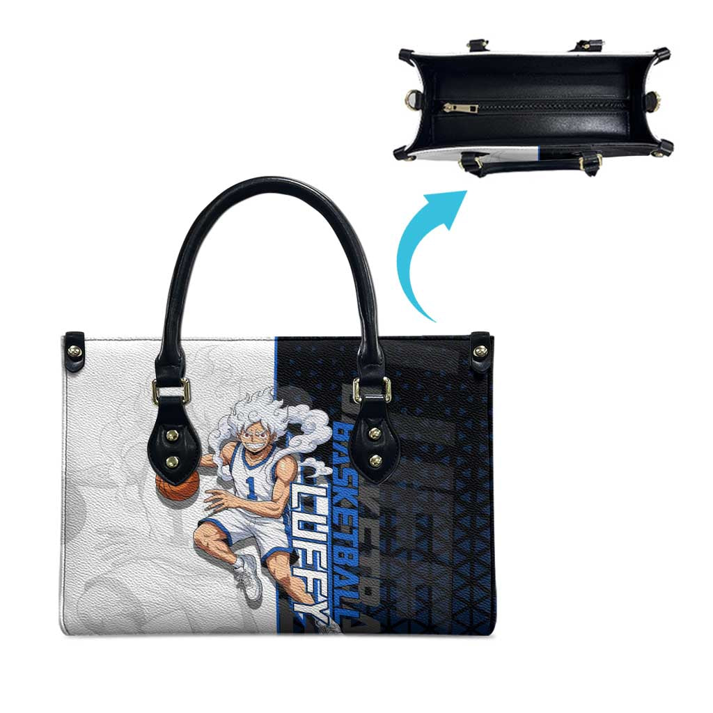 Luffy Gear 5 One Piece Basketball Theme White and Black Design Leather Bag with Straw Hat Emblem and Dynamic Action Pose - The Mazicc