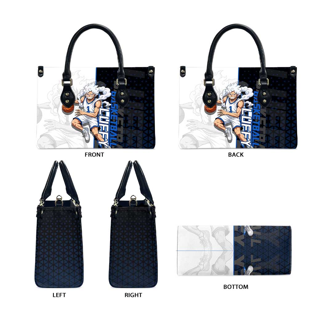 Luffy Gear 5 One Piece Basketball Theme White and Black Design Leather Bag with Straw Hat Emblem and Dynamic Action Pose - The Mazicc