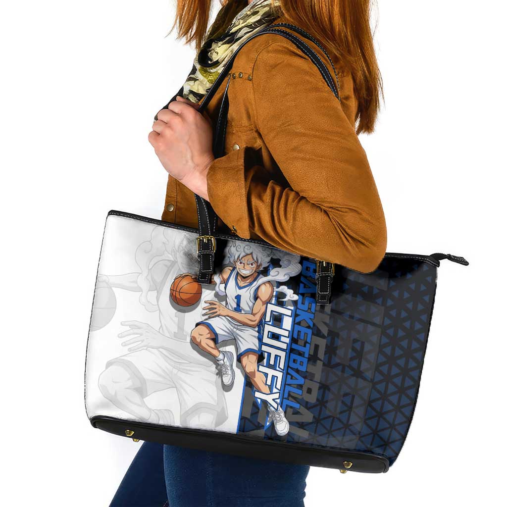 Luffy Gear 5 One Piece Basketball Theme White and Black Design Leather Tote Bag with Straw Hat Emblem and Dynamic Action Pose - The Mazicc