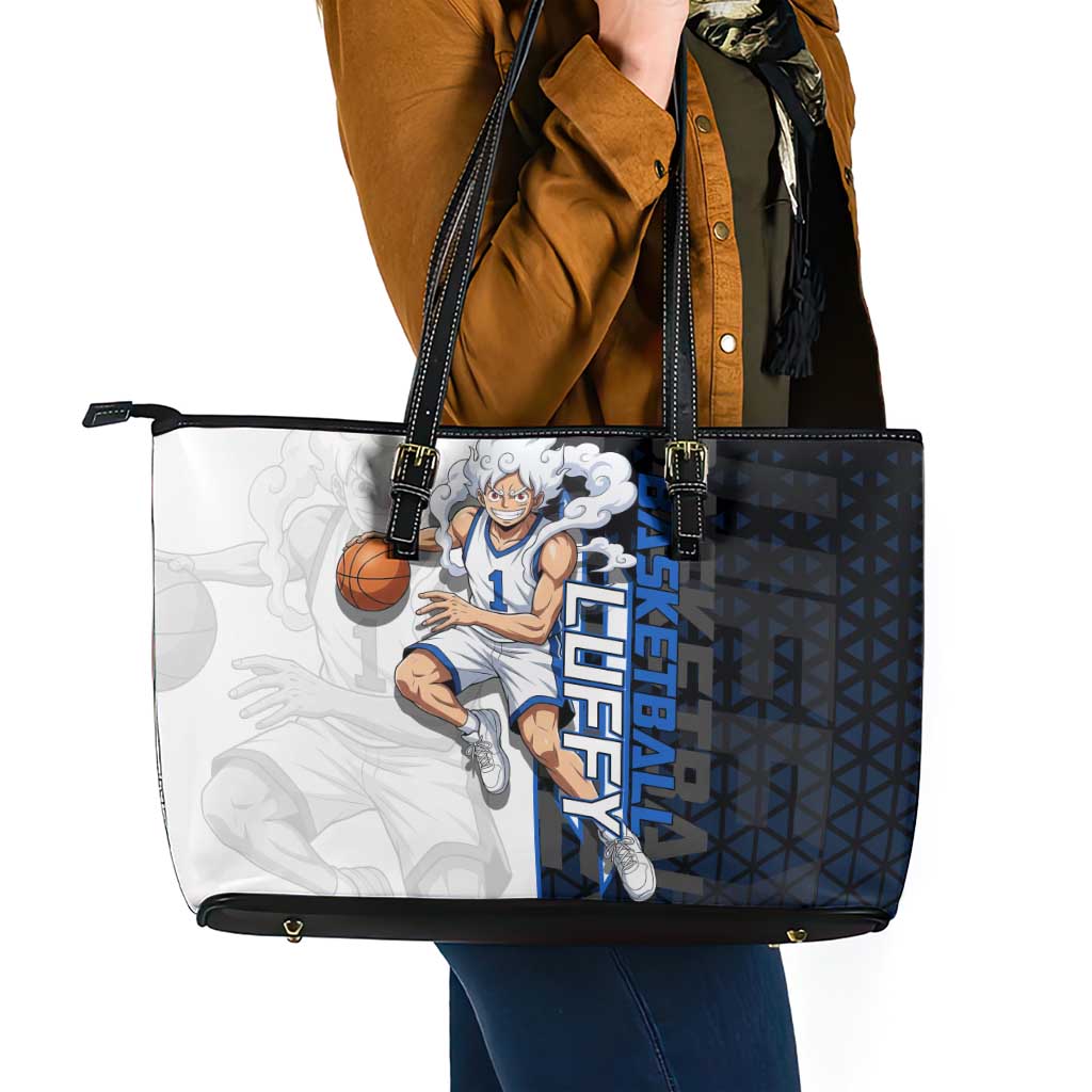 Luffy Gear 5 One Piece Basketball Theme White and Black Design Leather Tote Bag with Straw Hat Emblem and Dynamic Action Pose - The Mazicc