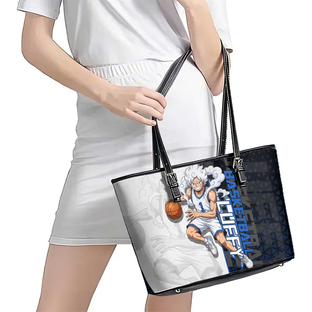 Luffy Gear 5 One Piece Basketball Theme White and Black Design Leather Tote Bag with Straw Hat Emblem and Dynamic Action Pose - The Mazicc