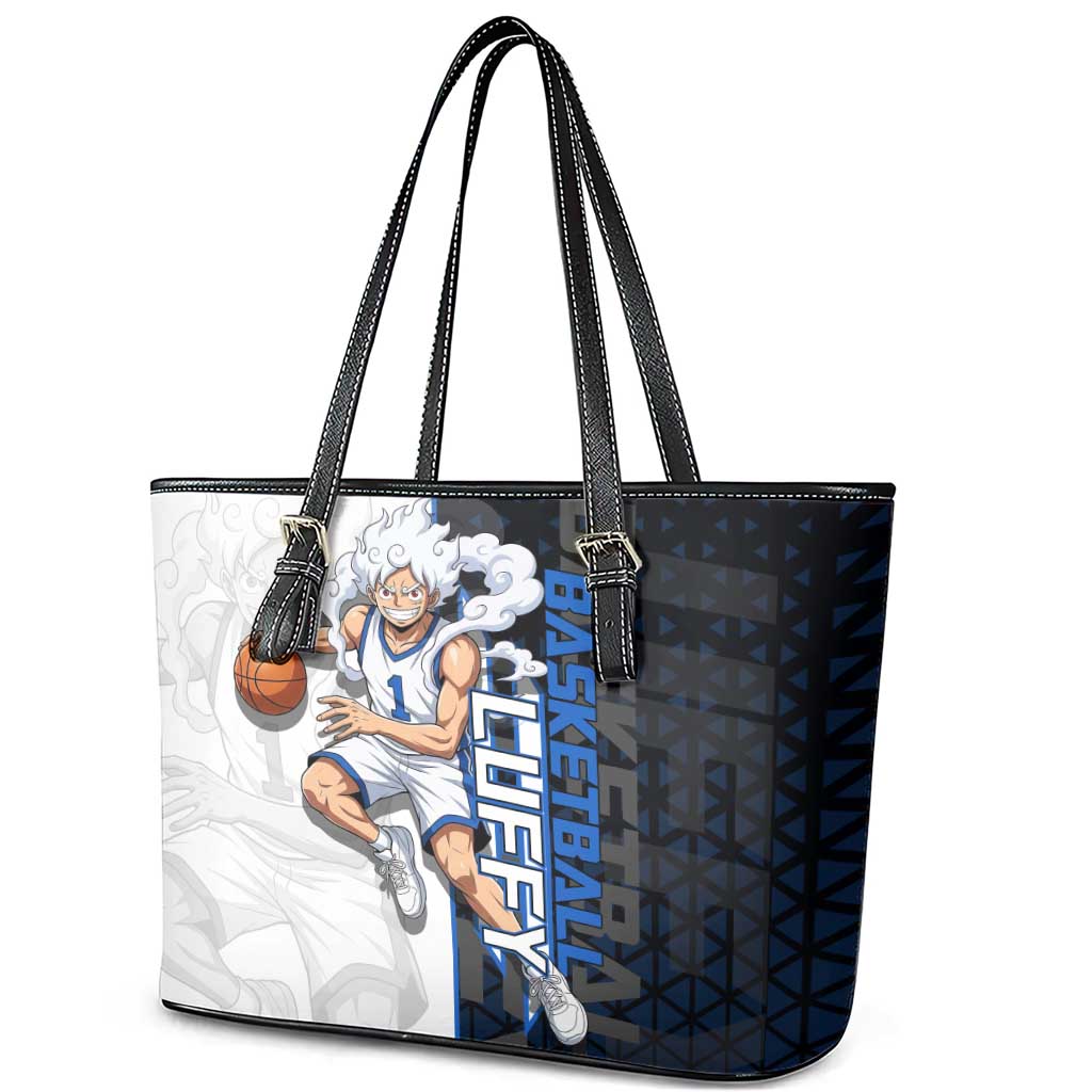 Luffy Gear 5 One Piece Basketball Theme White and Black Design Leather Tote Bag with Straw Hat Emblem and Dynamic Action Pose - The Mazicc