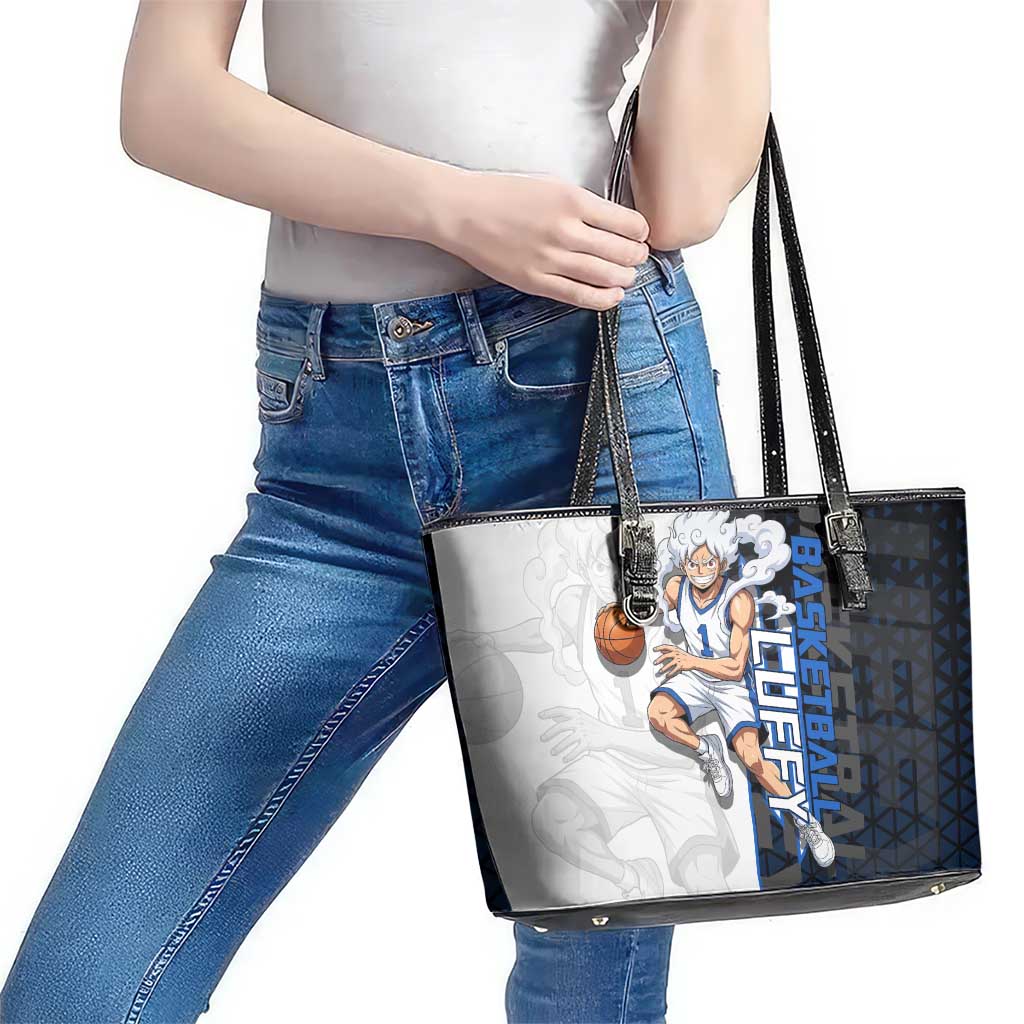 Luffy Gear 5 One Piece Basketball Theme White and Black Design Leather Tote Bag with Straw Hat Emblem and Dynamic Action Pose - The Mazicc
