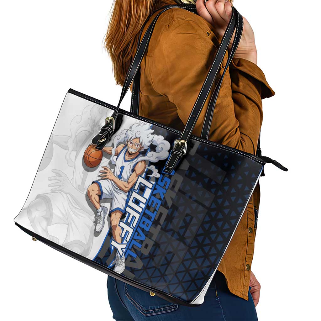 Luffy Gear 5 One Piece Basketball Theme White and Black Design Leather Tote Bag with Straw Hat Emblem and Dynamic Action Pose - The Mazicc