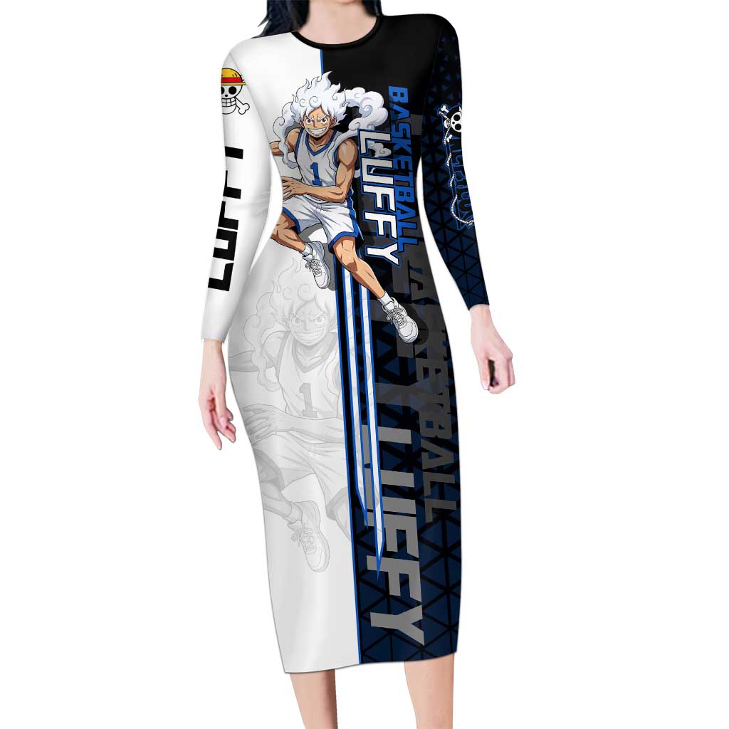 Luffy Gear 5 One Piece Basketball Theme White and Black Design Long Sleeve Bodycon Dress with Straw Hat Emblem and Dynamic Action Pose - The Mazicc