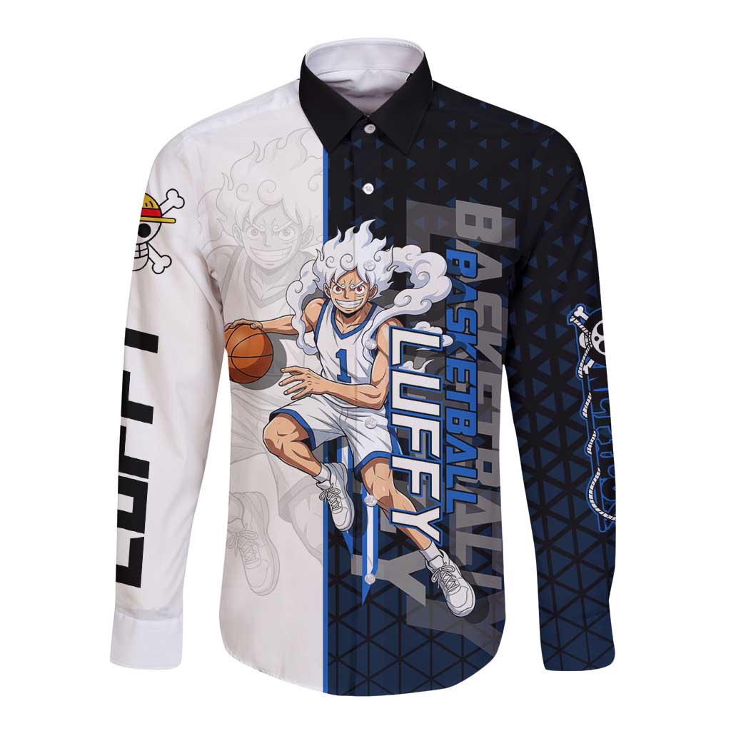 Luffy Gear 5 One Piece Basketball Theme White and Black Design Long Sleeve Button Shirt with Straw Hat Emblem and Dynamic Action Pose - The Mazicc