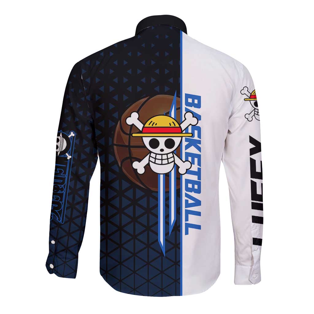 Luffy Gear 5 One Piece Basketball Theme White and Black Design Long Sleeve Button Shirt with Straw Hat Emblem and Dynamic Action Pose - The Mazicc
