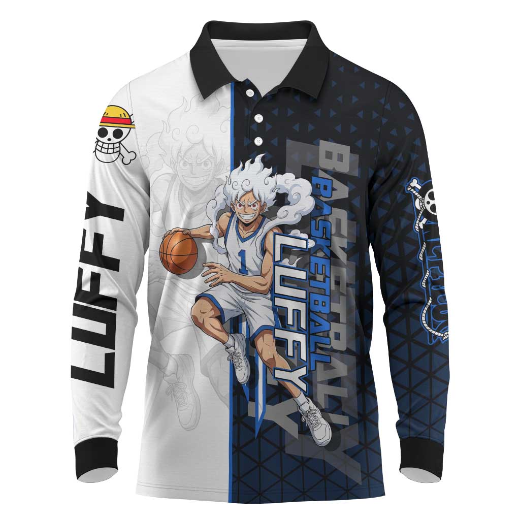 Luffy Gear 5 One Piece Basketball Theme White and Black Design Long Sleeve Polo Shirt with Straw Hat Emblem and Dynamic Action Pose - The Mazicc