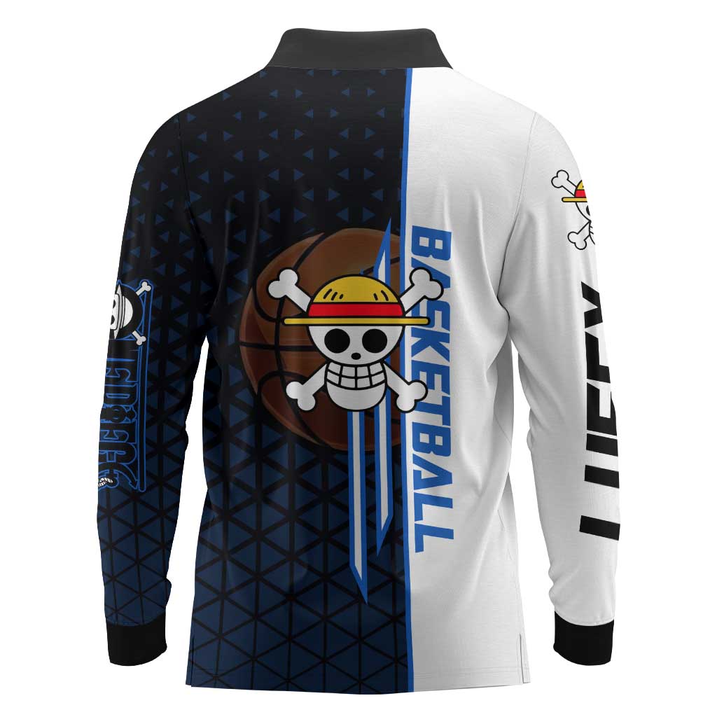 Luffy Gear 5 One Piece Basketball Theme White and Black Design Long Sleeve Polo Shirt with Straw Hat Emblem and Dynamic Action Pose - The Mazicc