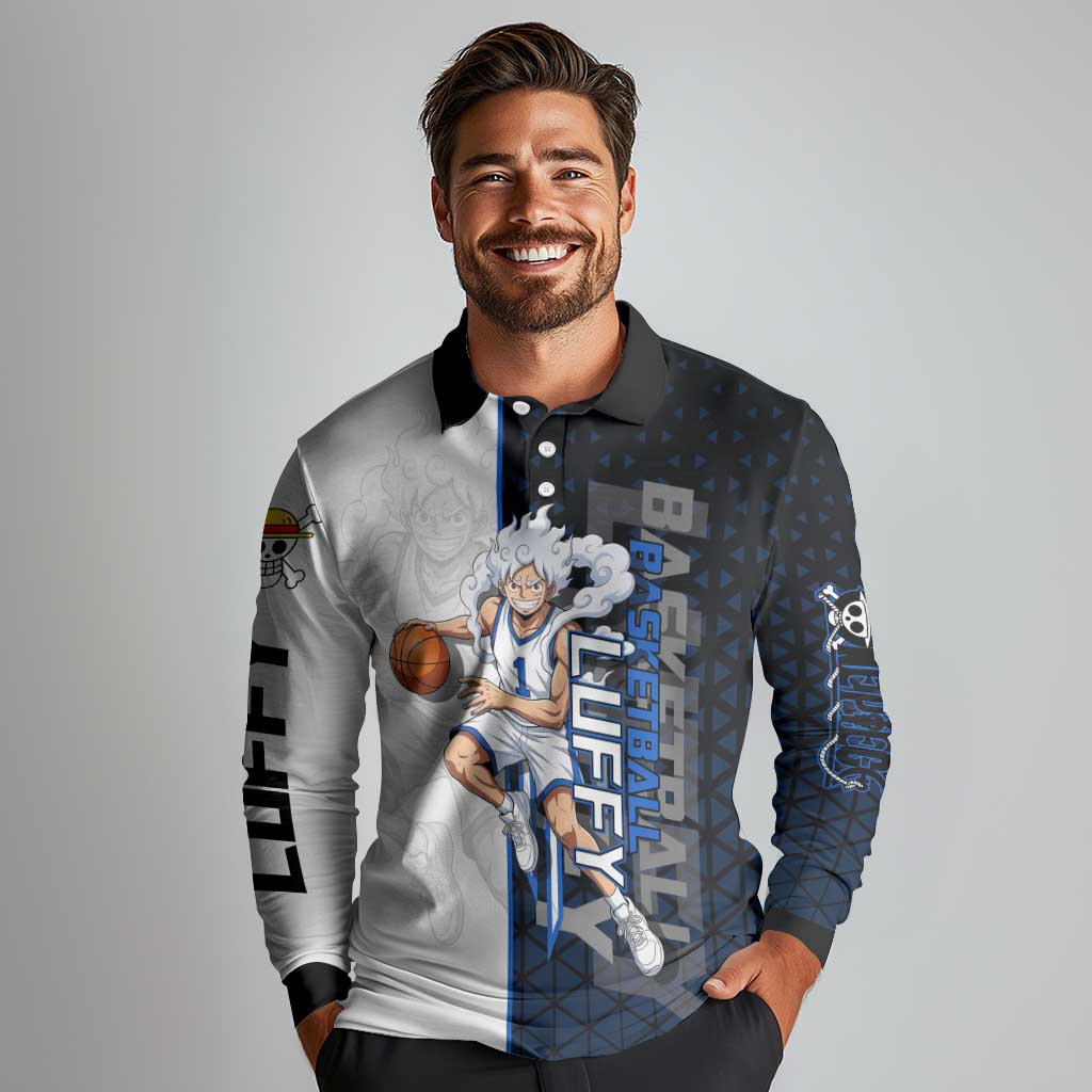 Luffy Gear 5 One Piece Basketball Theme White and Black Design Long Sleeve Polo Shirt with Straw Hat Emblem and Dynamic Action Pose - The Mazicc