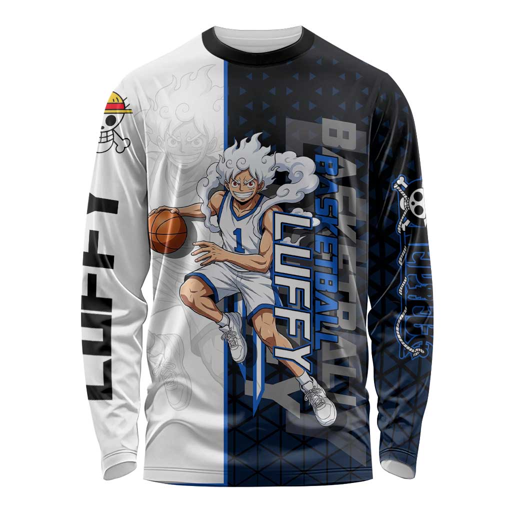 Luffy Gear 5 One Piece Basketball Theme White and Black Design Long Sleeve Shirt with Straw Hat Emblem and Dynamic Action Pose - The Mazicc
