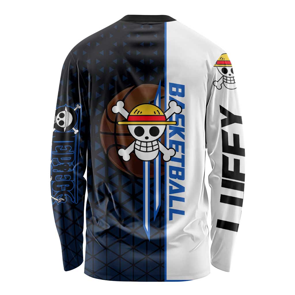 Luffy Gear 5 One Piece Basketball Theme White and Black Design Long Sleeve Shirt with Straw Hat Emblem and Dynamic Action Pose - The Mazicc