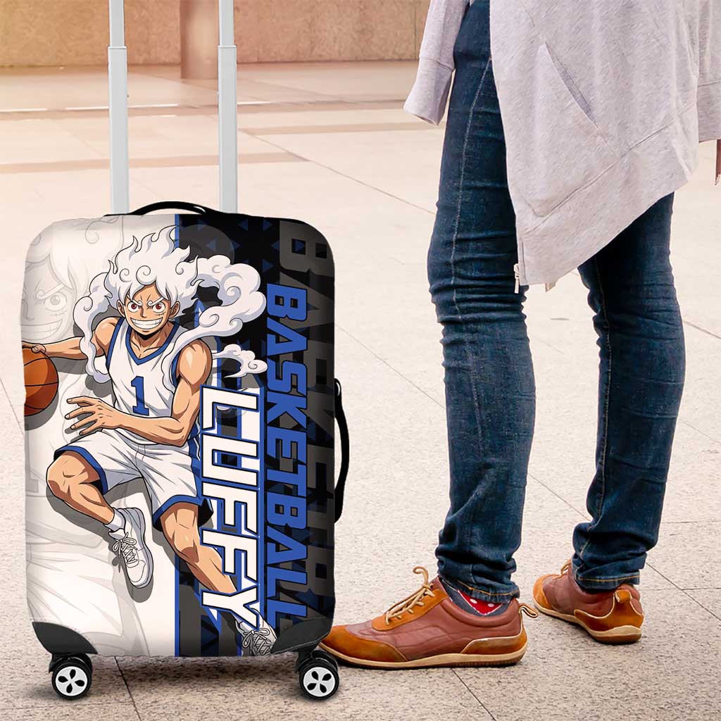 Luffy Gear 5 One Piece Basketball Theme White and Black Design Luggage Cover with Straw Hat Emblem and Dynamic Action Pose - The Mazicc
