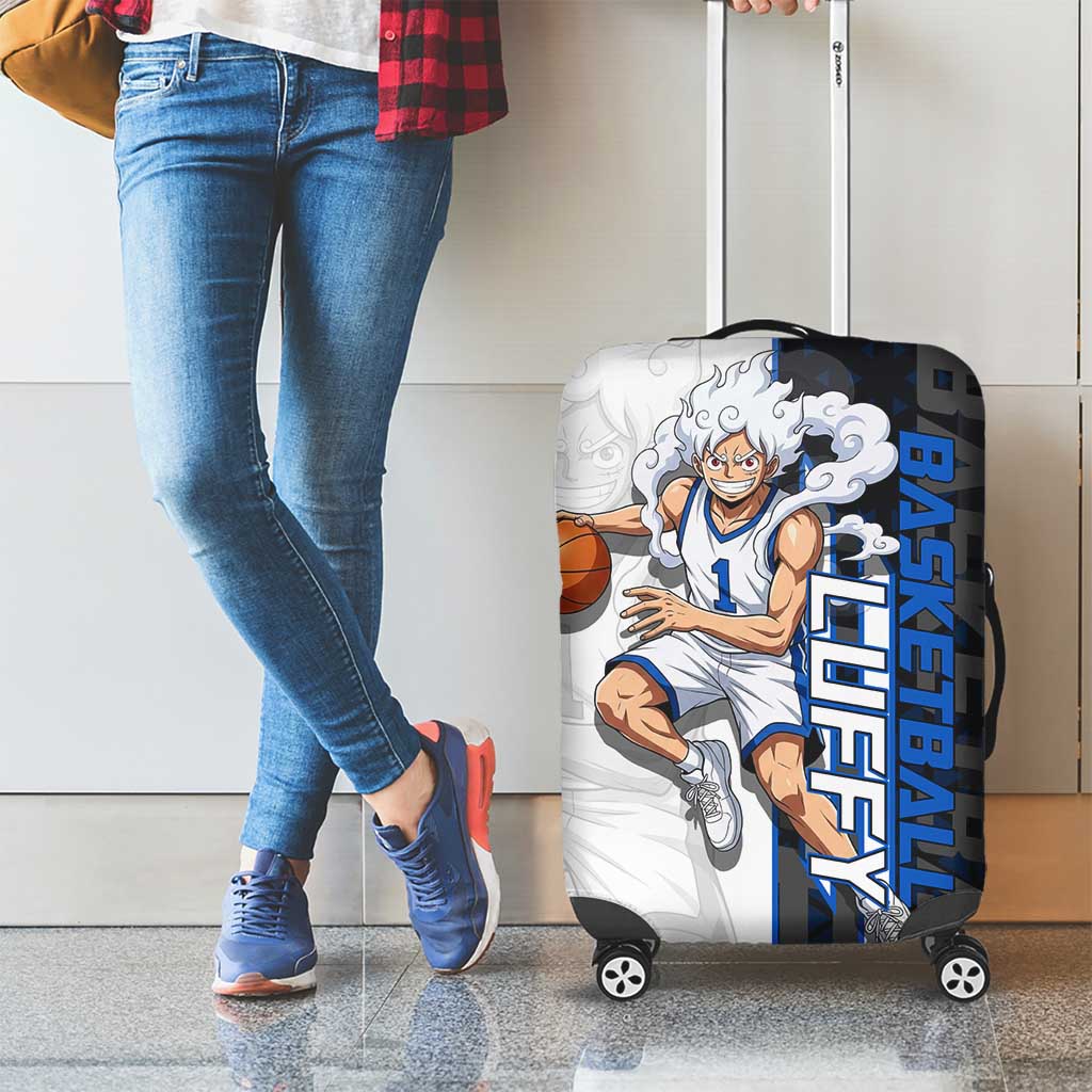 Luffy Gear 5 One Piece Basketball Theme White and Black Design Luggage Cover with Straw Hat Emblem and Dynamic Action Pose - The Mazicc