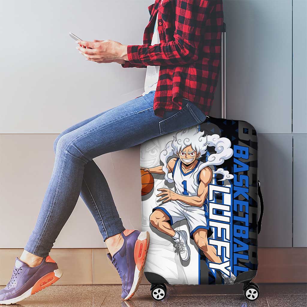 Luffy Gear 5 One Piece Basketball Theme White and Black Design Luggage Cover with Straw Hat Emblem and Dynamic Action Pose - The Mazicc