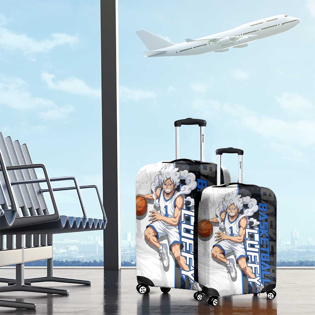 Luffy Gear 5 One Piece Basketball Theme White and Black Design Luggage Cover with Straw Hat Emblem and Dynamic Action Pose - The Mazicc