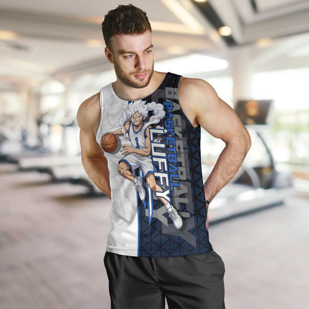 Luffy Gear 5 One Piece Basketball Theme White and Black Design Men Tank Top with Straw Hat Emblem and Dynamic Action Pose - The Mazicc
