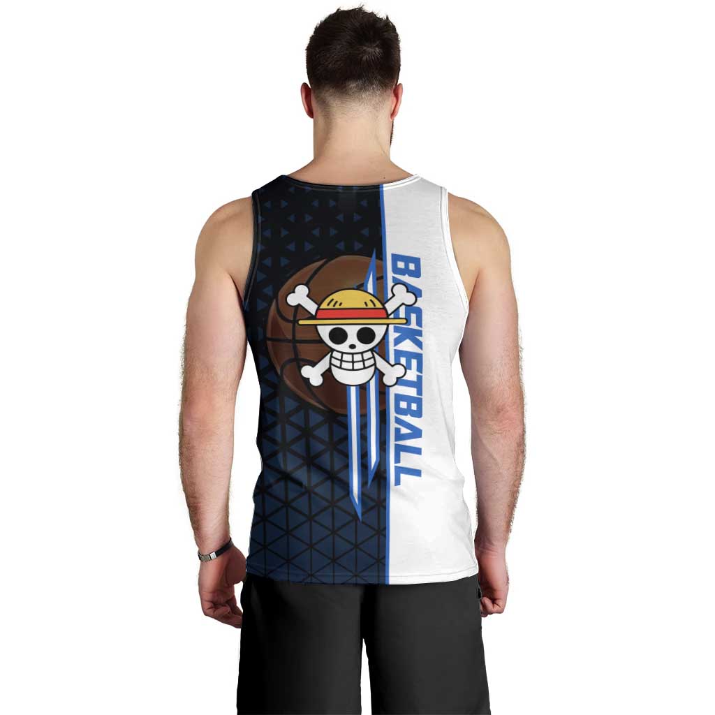 Luffy Gear 5 One Piece Basketball Theme White and Black Design Men Tank Top with Straw Hat Emblem and Dynamic Action Pose - The Mazicc