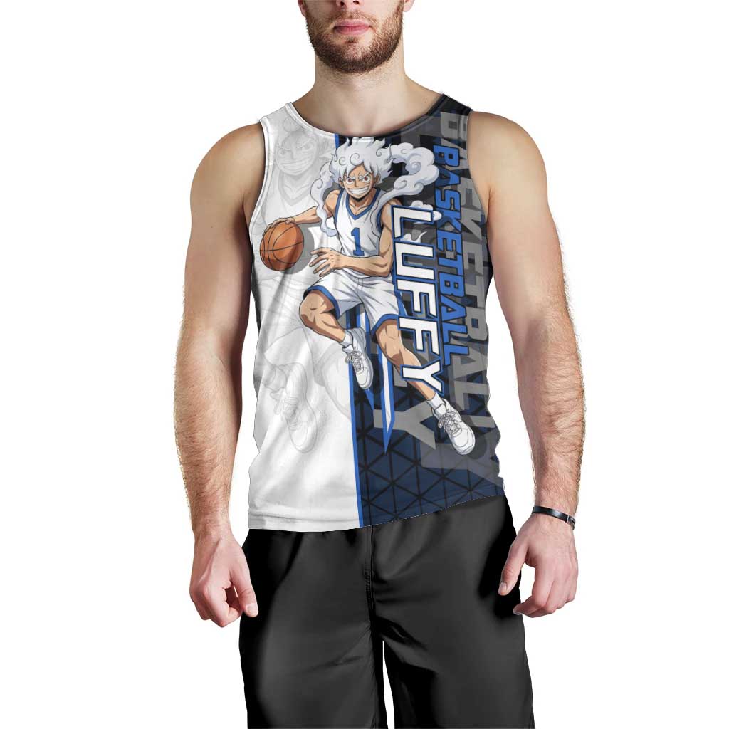 Luffy Gear 5 One Piece Basketball Theme White and Black Design Men Tank Top with Straw Hat Emblem and Dynamic Action Pose - The Mazicc