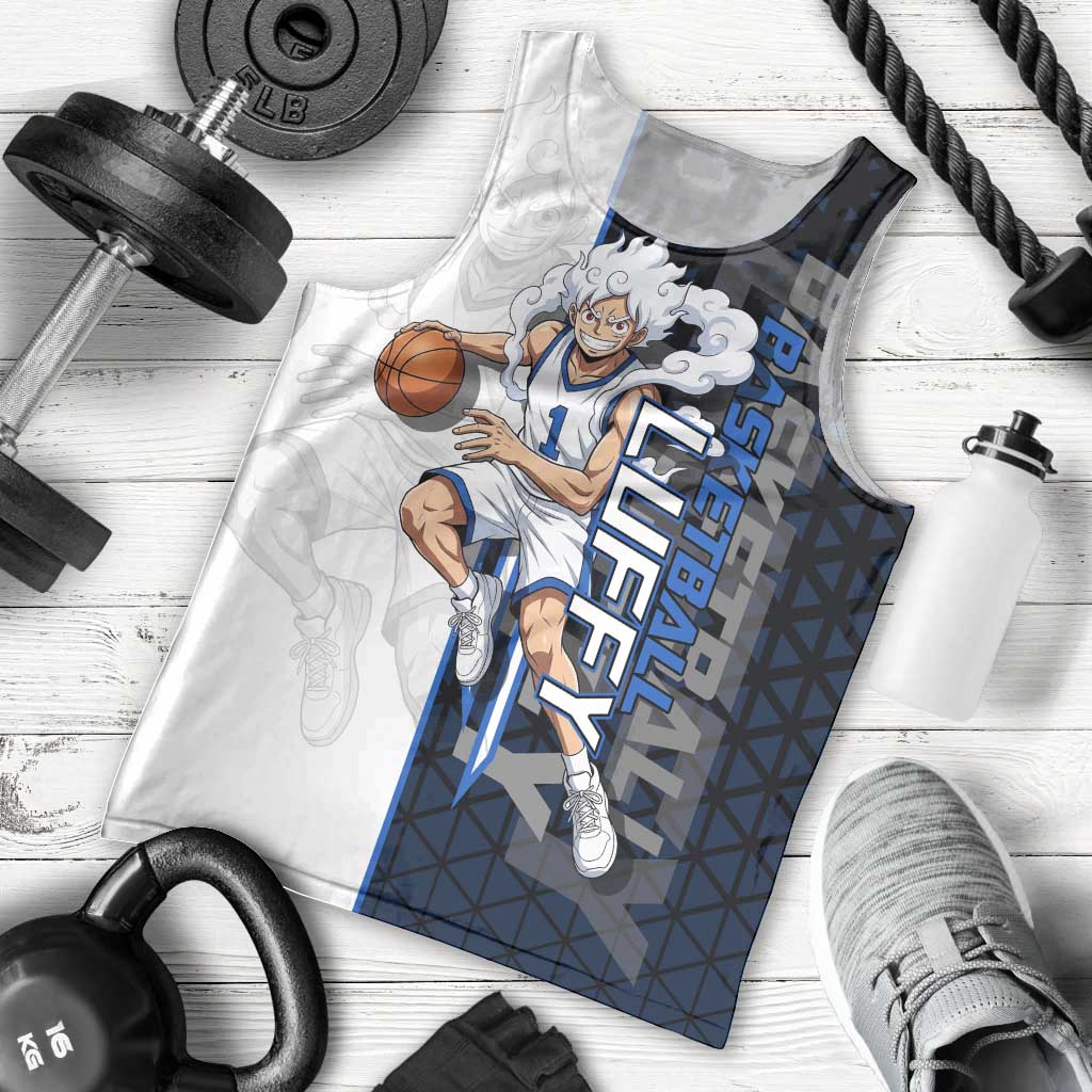 Luffy Gear 5 One Piece Basketball Theme White and Black Design Men Tank Top with Straw Hat Emblem and Dynamic Action Pose - The Mazicc